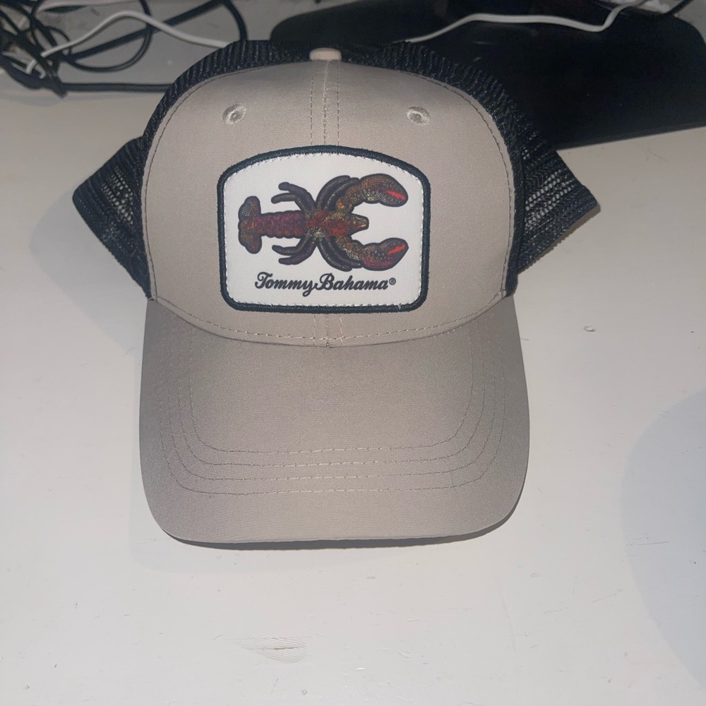 Tommy Bahama Beige Front Black Mesh Trucker Hat with Lobster Patch